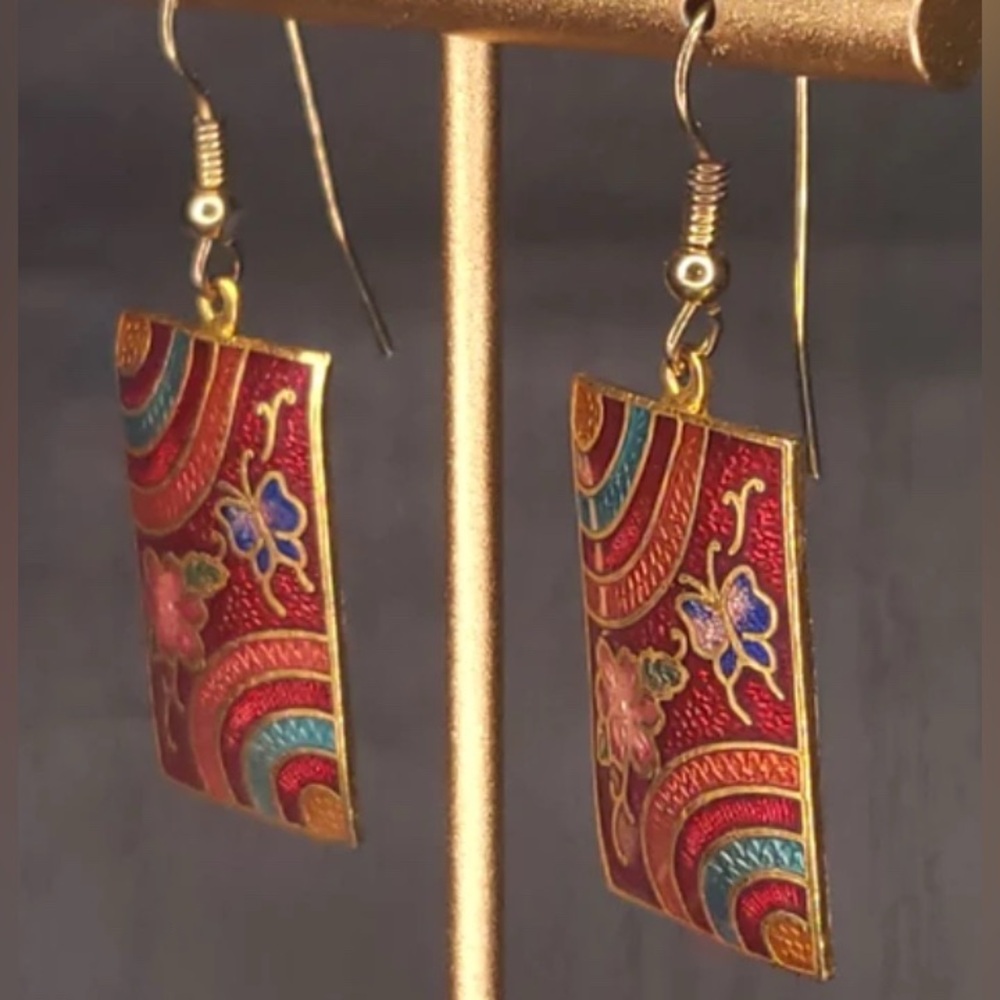 Vintage Enamel Cloisonn Rectangular Earrings Butt… - image 1